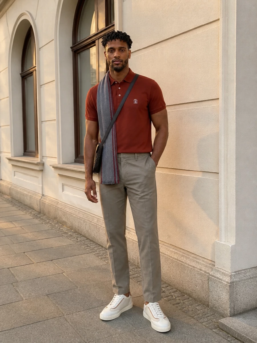 Brunello cucinelli rust polo taupe trouser sneakers