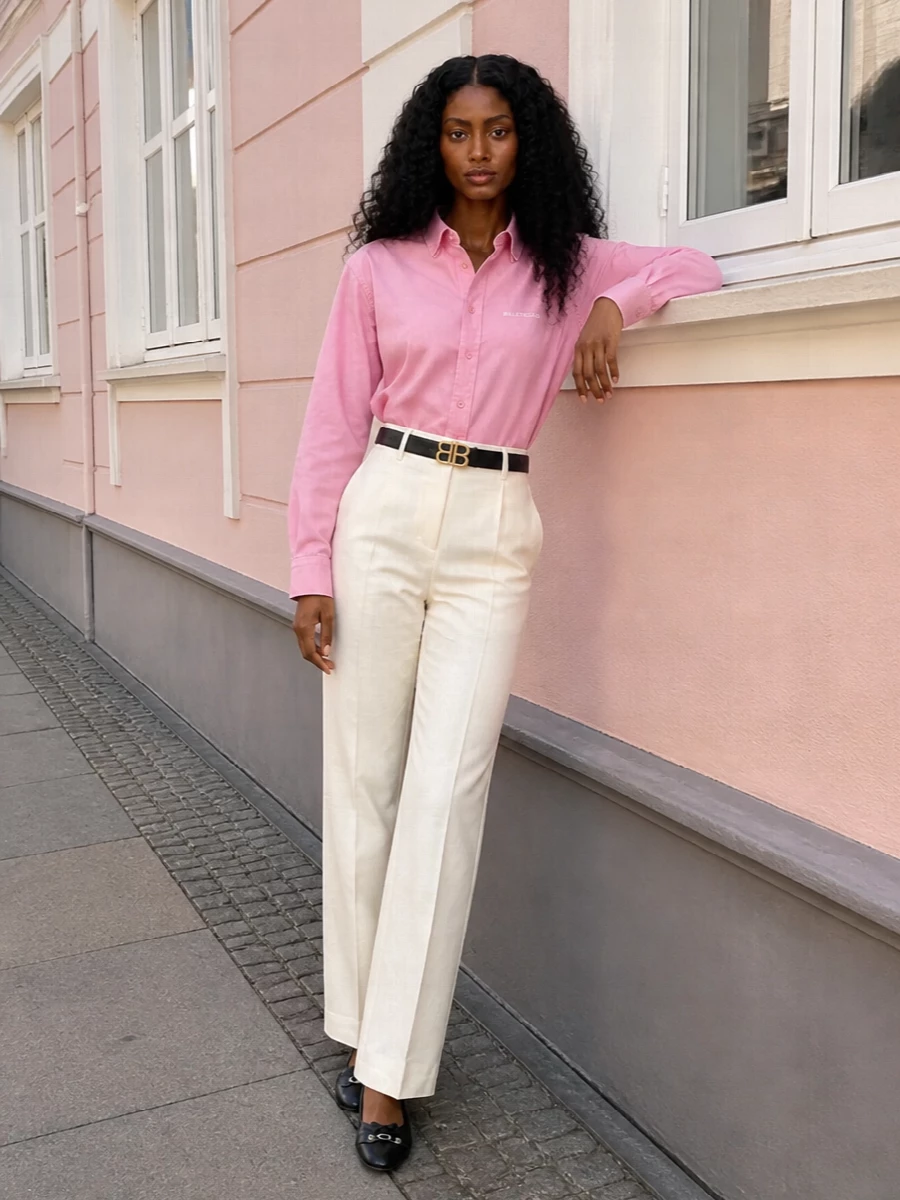 Soft pink Balenciaga shirting tops sharp ivory tailoring for a clean, modern color story that reads confident rather than cute. Black ballerinas, a graphic mini tote and a slim BB belt ground the palette and keep the mood polished for city days or informal dinners.