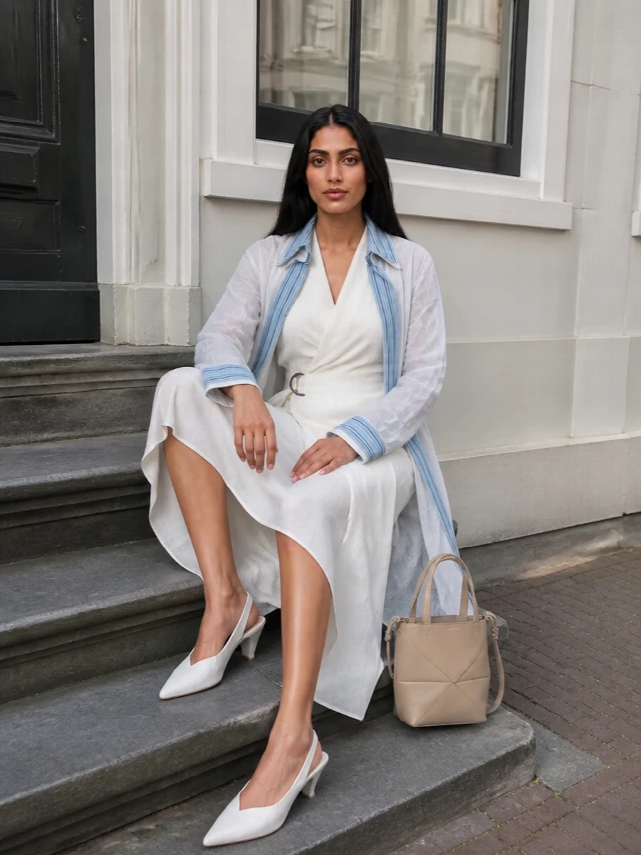 Loewe shirt jacket ivory wrap dress outfit