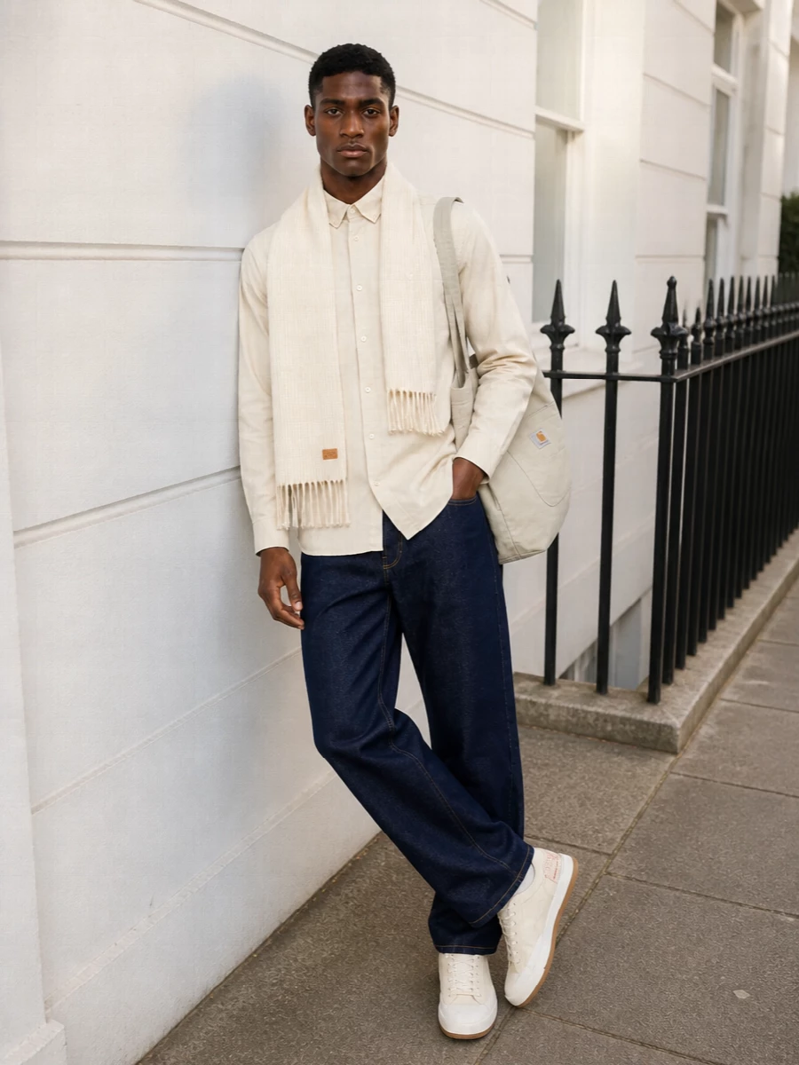 Cream shirting with dark indigo denim gives a clean, collegiate balance that feels relaxed but still pulled together. Canvas sneakers keep it grounded and easy, while the tonal tote and cream scarf quietly echo the neutral story for fall days around the city.