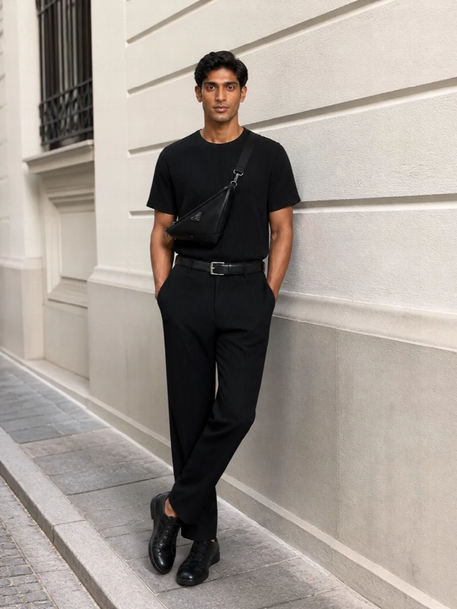 A black pleated tee and matching pleated trousers create a precise monochrome column that feels calm, architectural and quietly assured. Sleek black Prada sneakers keep the mood modern and agile rather than formal. A compact black crossbody and slim leather belt sharpen the finish while maintaining the understated, gallery-ready ease of the set.