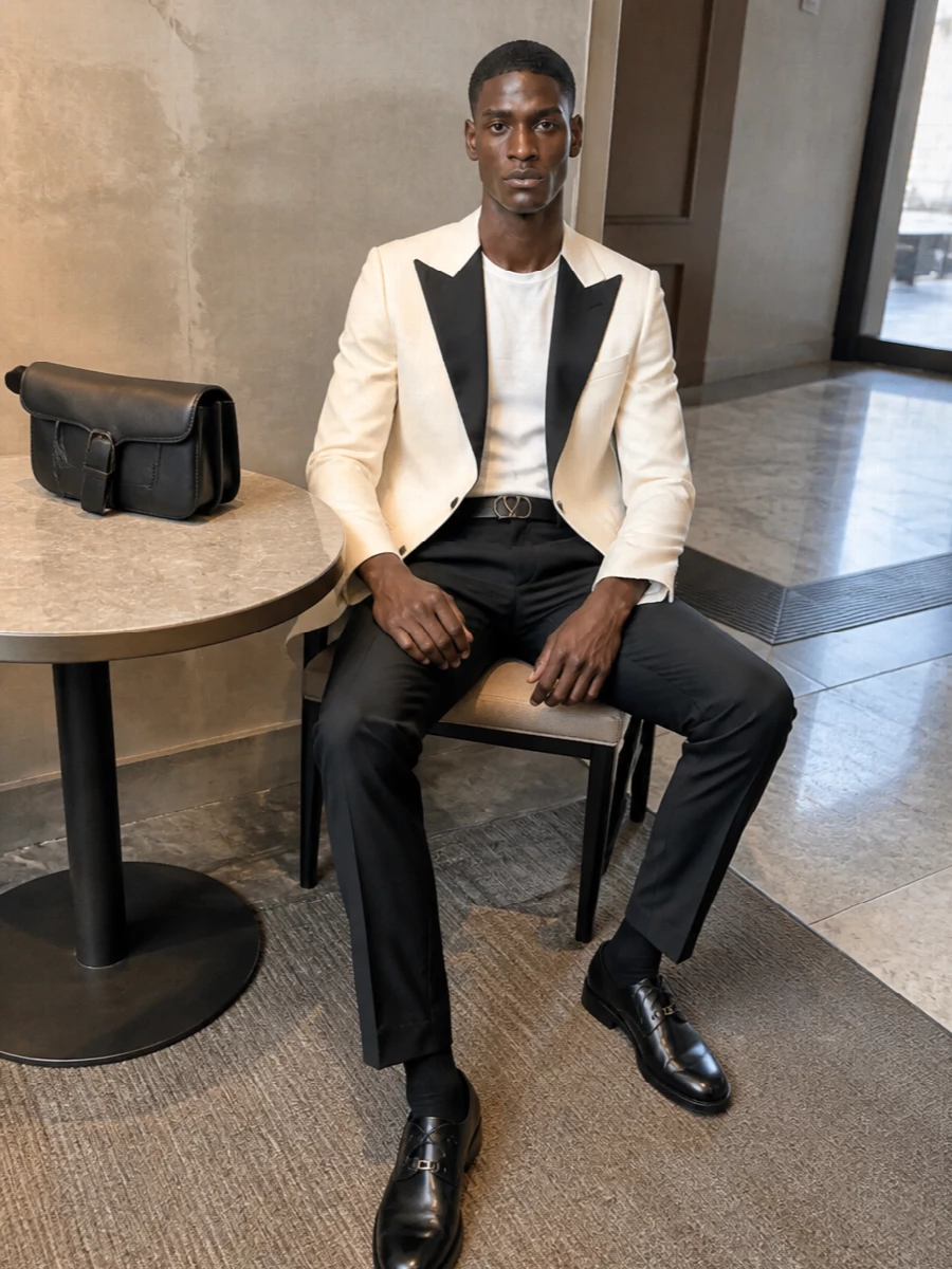 Valentino ivory tuxedo jacket black trousers