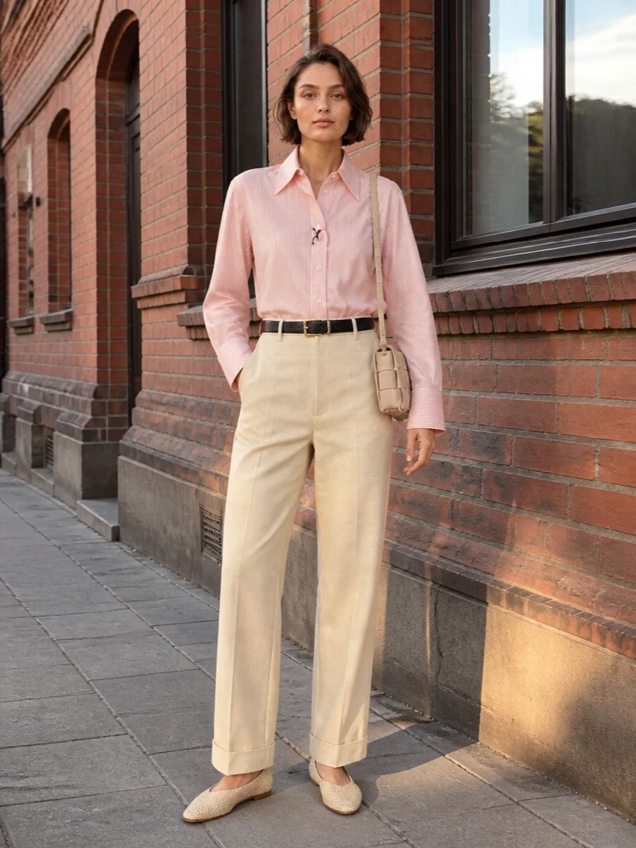 Bottega veneta blush shirt buttercream trousers