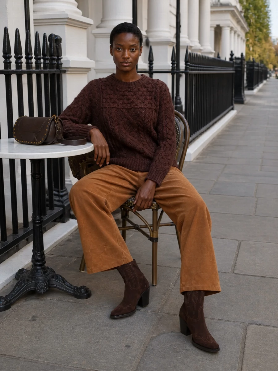 Rich chocolate suede boots ground a softly boho story with the cable-knit sweater and camel suede trousers, keeping everything in a warm, tonal spectrum. The proportions stay easy and elongated, with straight legs and a relaxed knit that skim rather than cling. Choosing top and bottom over a dress lets the Western details and textures really speak while remaining city-ready and quietly refined.