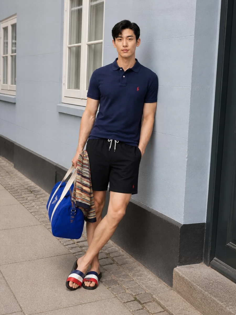 A deep navy polo and black Ralph Lauren swim short create a streamlined, preppy base anchored in dark tones with precise red accents. Moncler tricolour slides and a royal-blue Polo duffle push it into polished sport territory, while the striped towel adds a subtle hit of personality around the pool. The result is a clean, confident beach kit that feels relaxed but unmistakably considered.