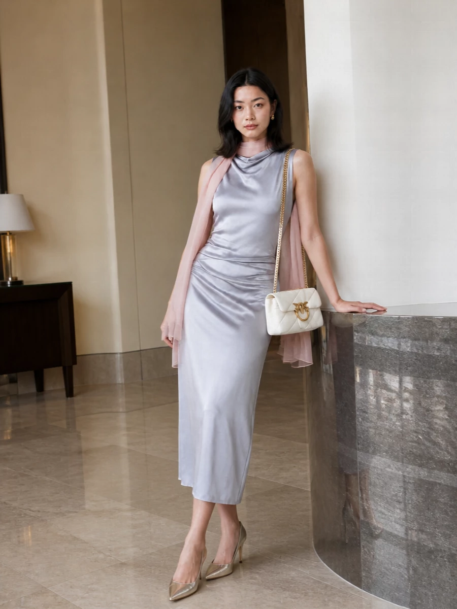 Pinko satin silver midi dress champagne heels