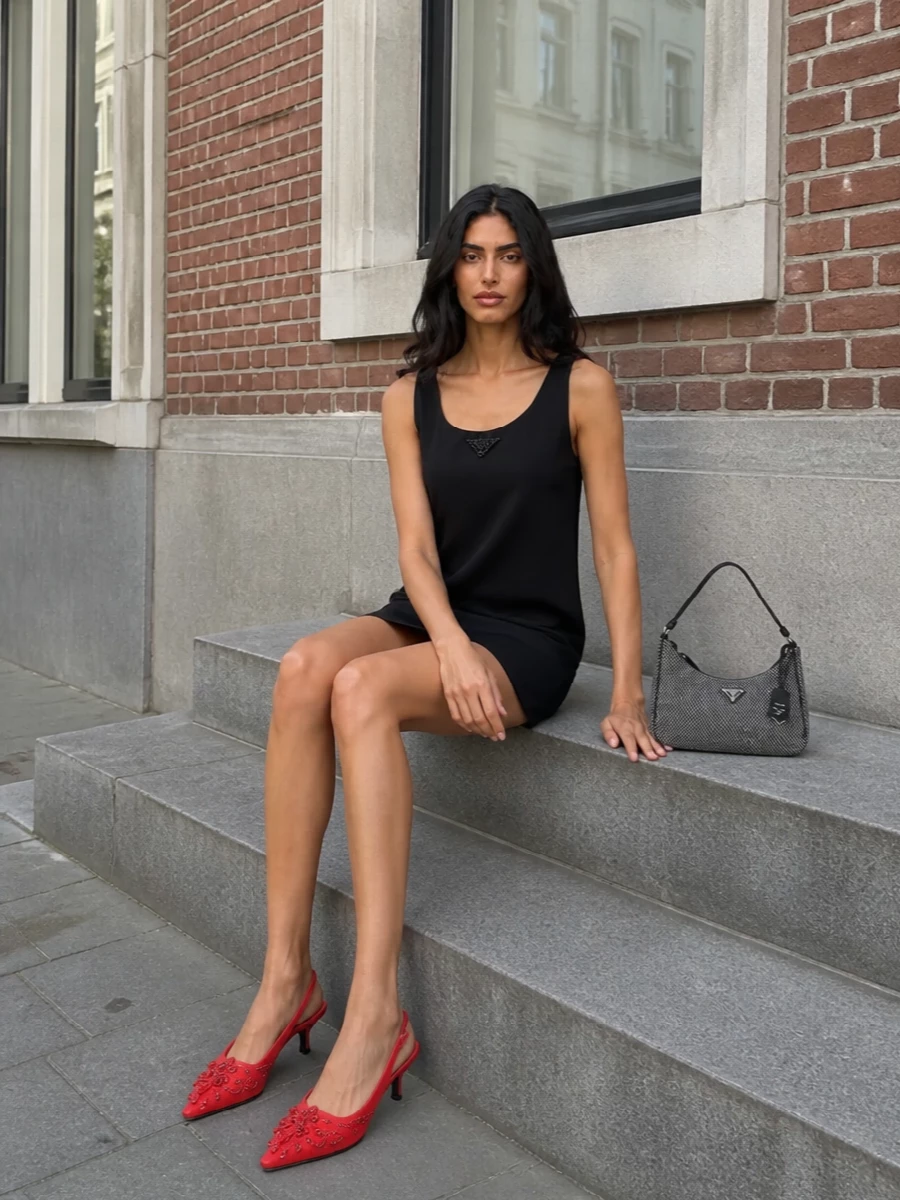 Prada black shift dress red crystal slingback heels