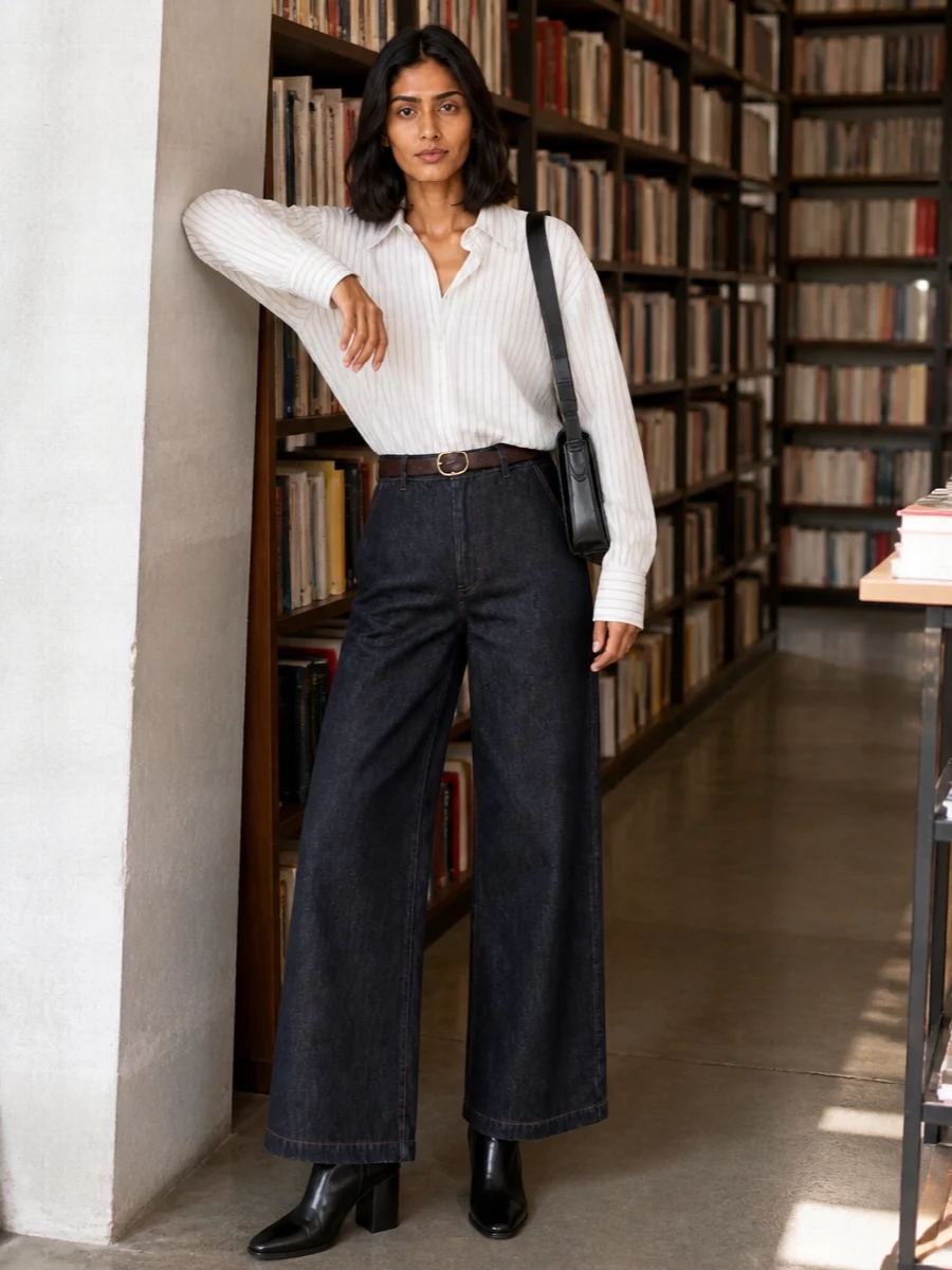 Dries van noten wide leg jeans striped shirt