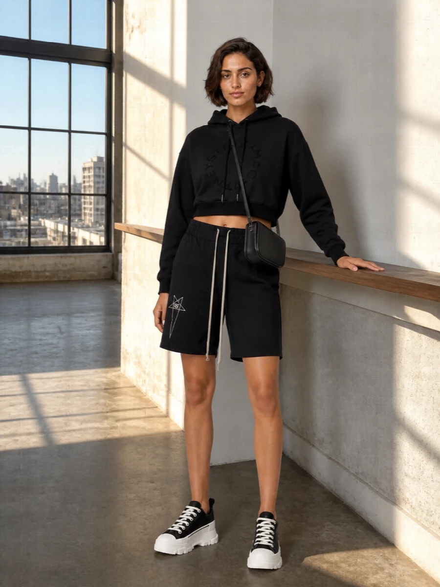A monochrome street set built around the Rick-style shorts, anchored with a cropped black hoodie and sculptural chunky sneakers. The proportions stay sharp at the waist and grounded at the foot, while the compact cross-body keeps the whole thing clean and ready for city movement. It feels athletic, graphic and quietly high-end without losing ease.