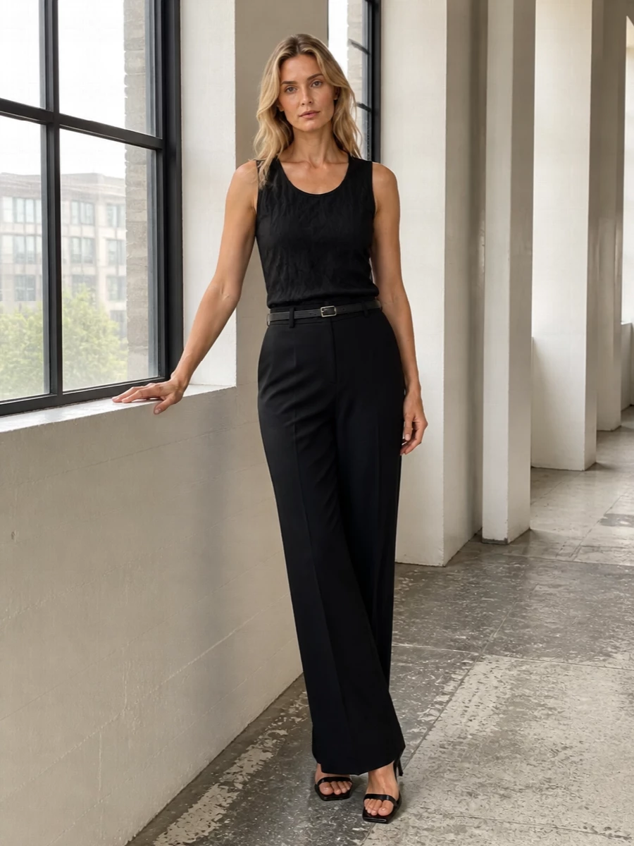 Toteme black wide leg trousers tank outfit