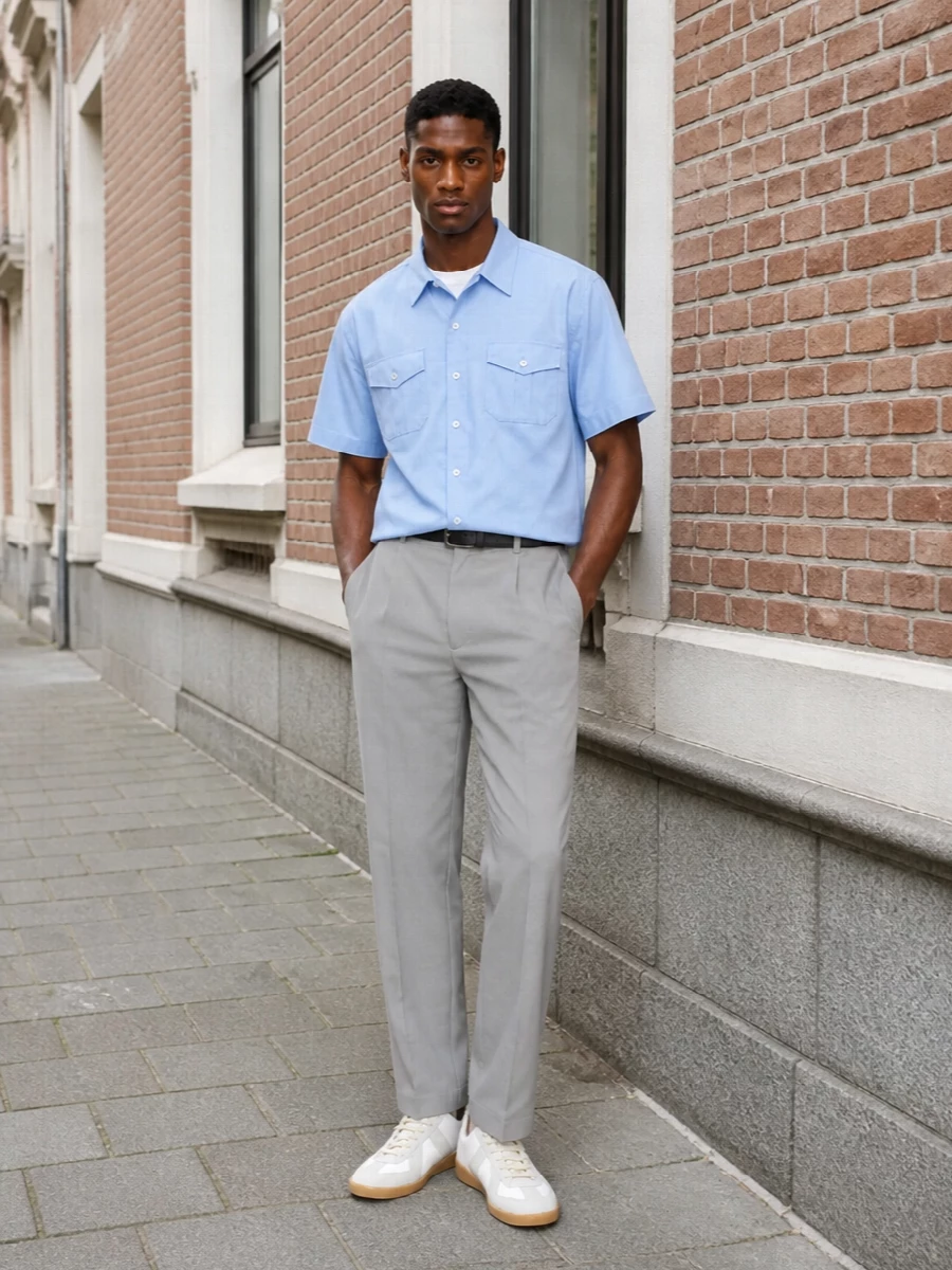 Maison margiela blue shirt grey trousers outfit