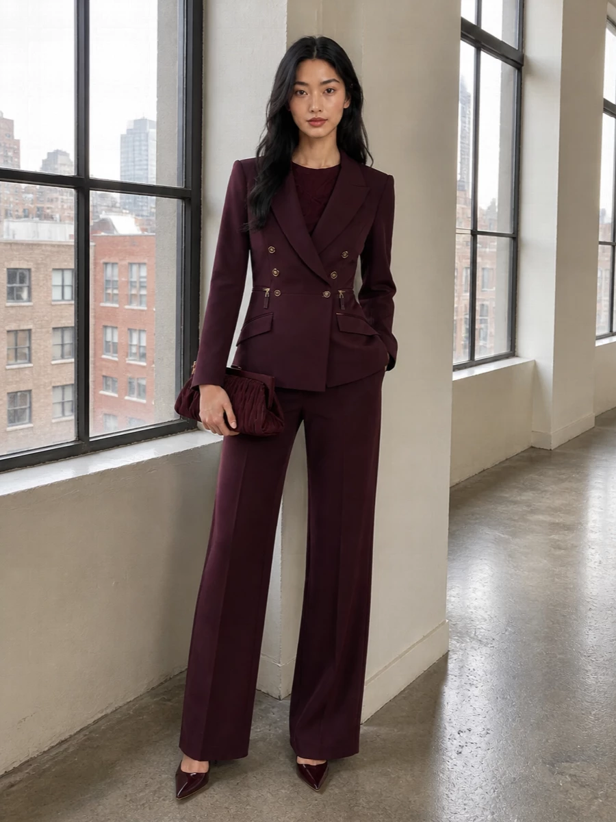 Elisabetta franchi plum blazer burgundy trousers