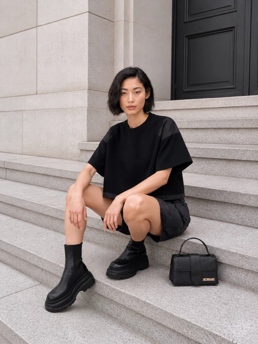 Sacai skirt outfit black platform boots