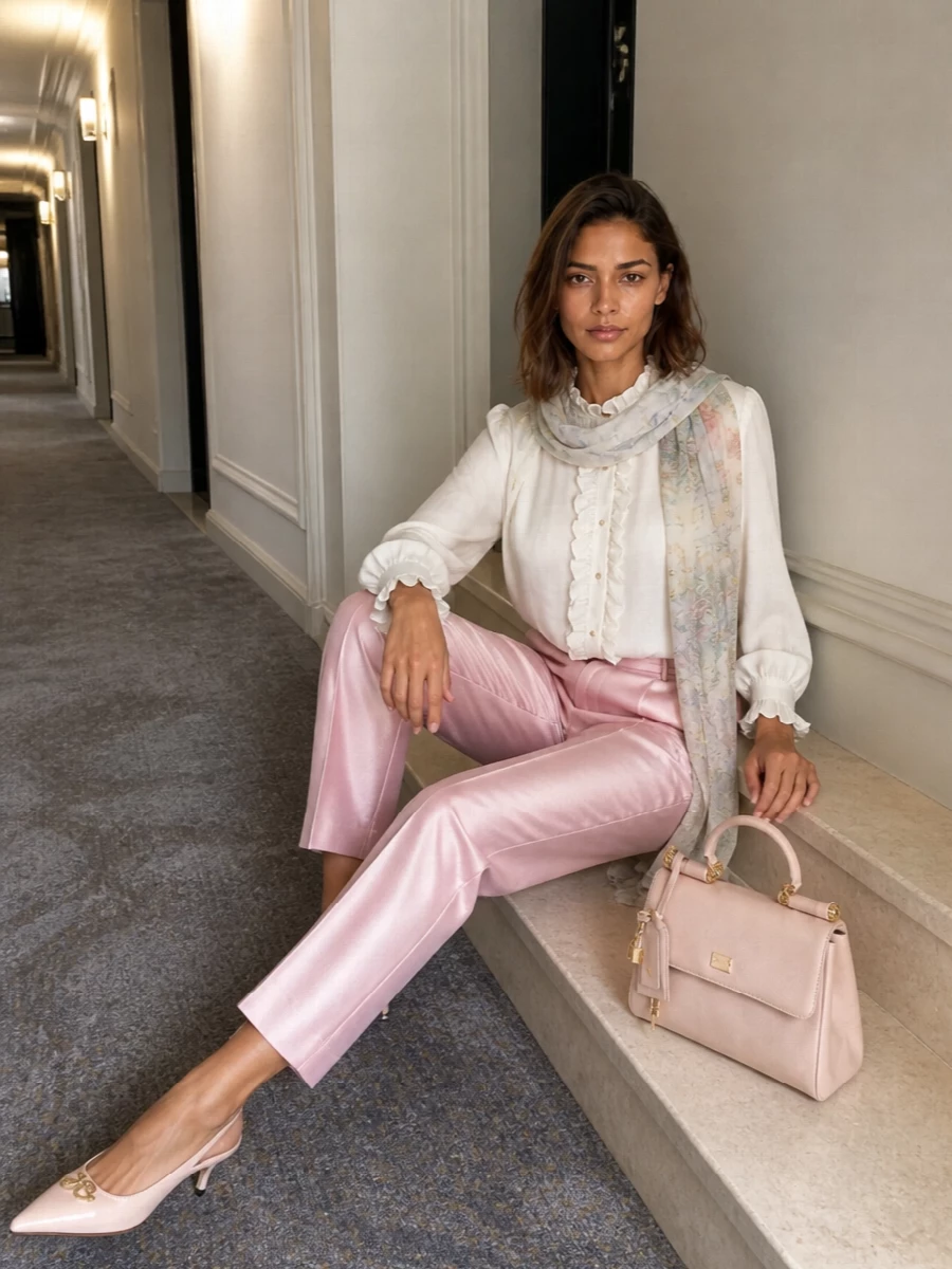 Soft ivory and blush tailoring meet in a romantic, grown-up palette that feels distinctly Italian and quietly glamorous. The satin trouser’s clean line reins in the blouse’s ruffles, so the silhouette stays sharp rather than saccharine. Blush accessories and gold hardware complete a polished outfit made for weddings, terrace dinners or any occasion where you want refinement with gentle color.