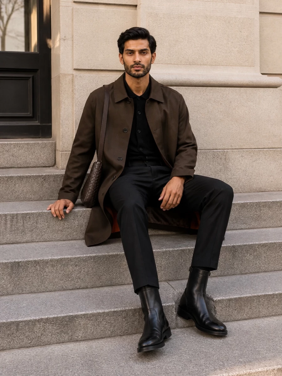 Dries van noten brown coat black tailored outfit