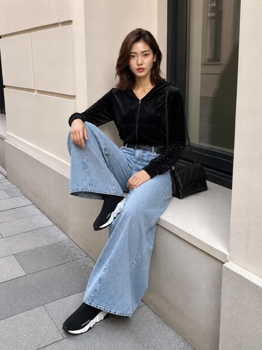 Balenciaga velvet hoodie margiela wide leg jeans