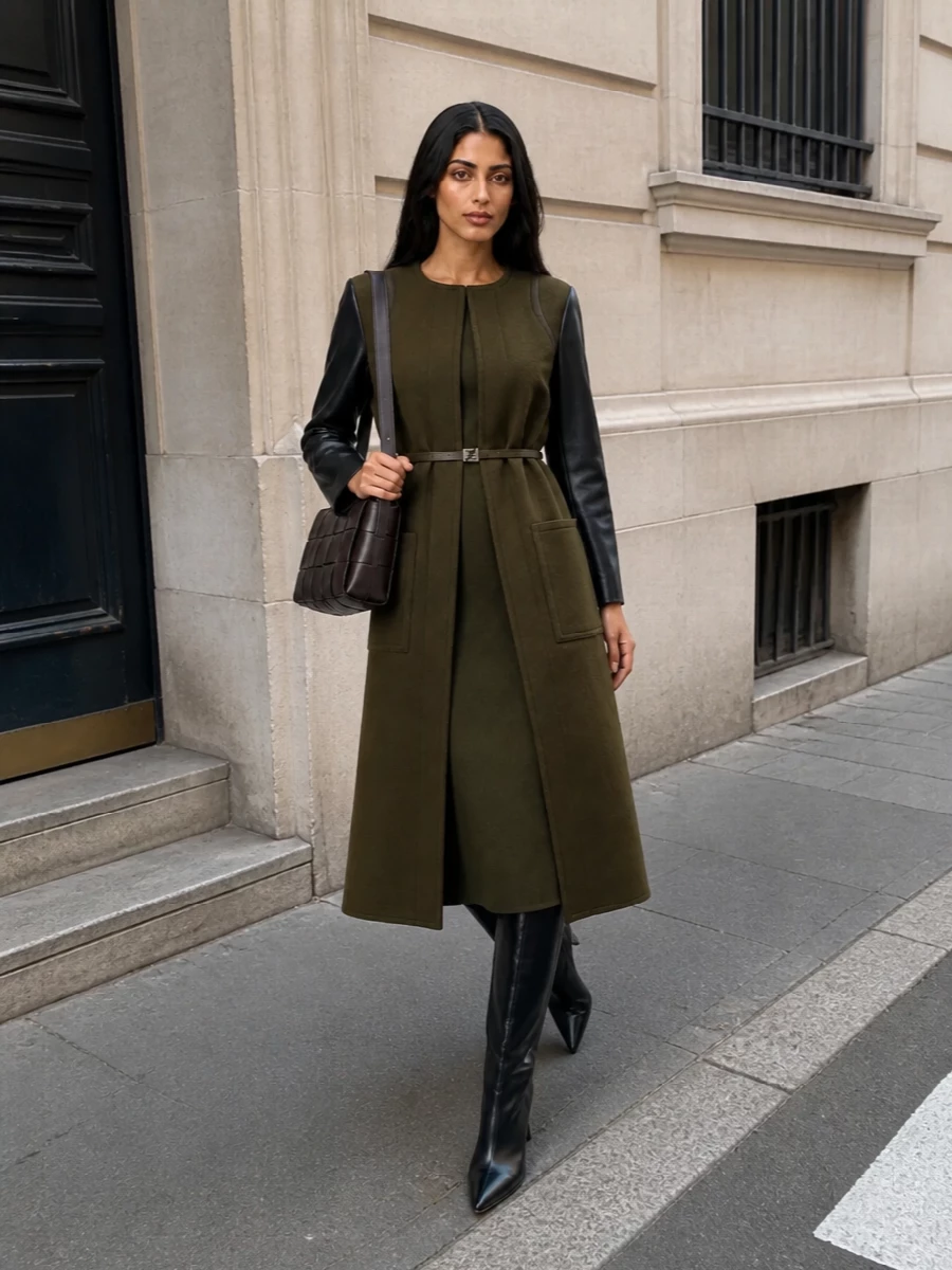Fendi olive coat midi dress outfit knee boots