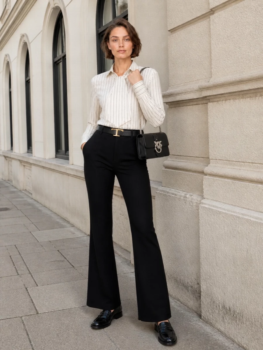 Pinko striped shirt black flared trousers outfit