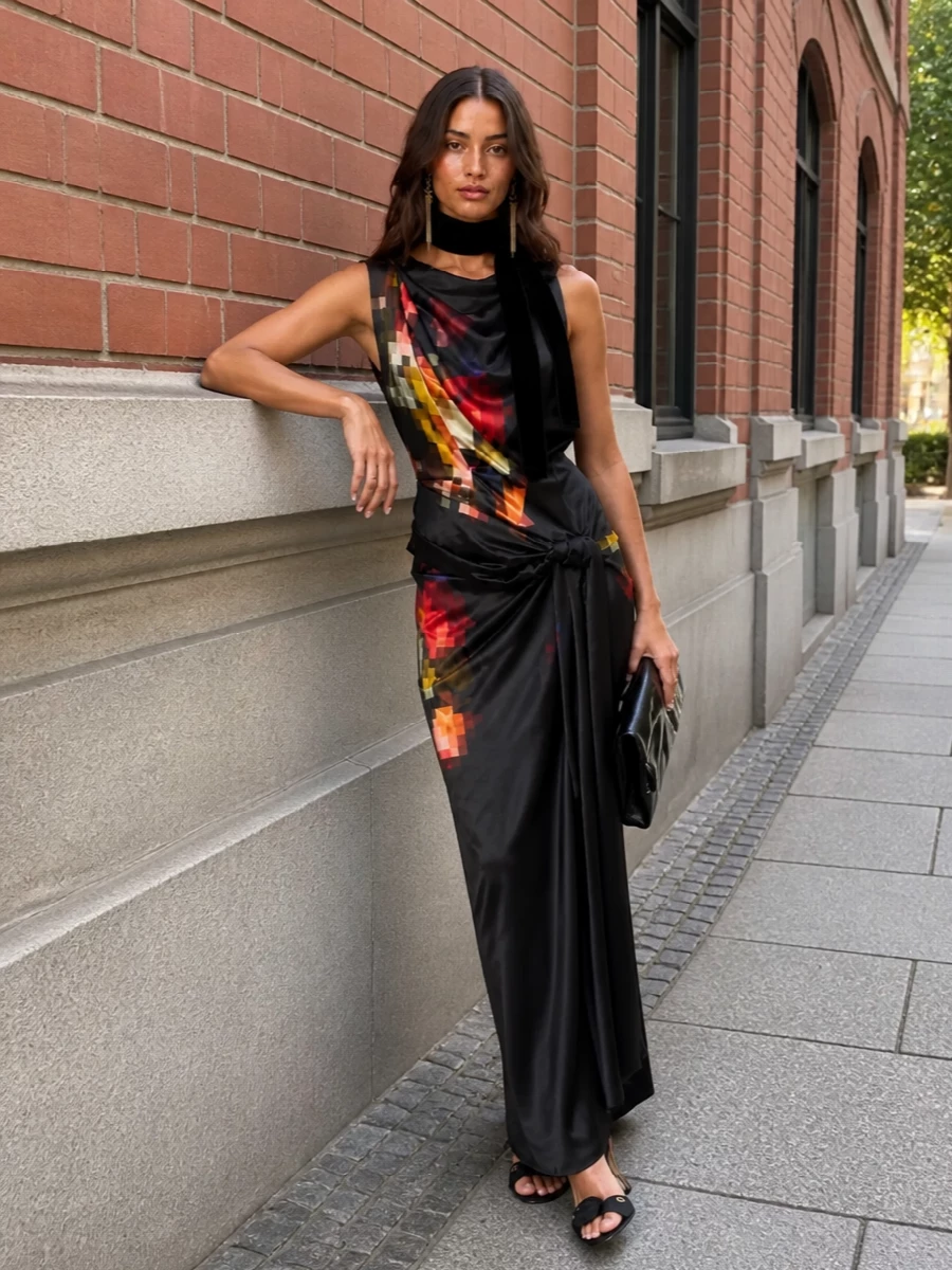A liquid Dries column takes center stage, framed by barely-there Dior sandals and a sculptural black clutch that simply echo its gloss. Long gold tassel earrings and a whisper of velvet at the neck introduce movement and warmth without disturbing the clean, draped silhouette. The result is cerebral, romantic evening dressing where texture and line do the talking in inky black with flickers of ember and gold.