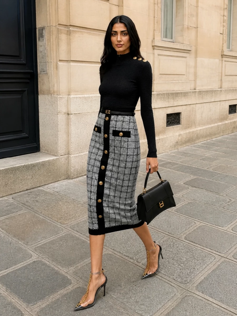 Balmain power tailoring knit pencil skirt outfit