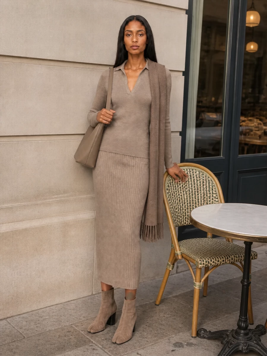 Max mara taupe ribbed knit midi outfit