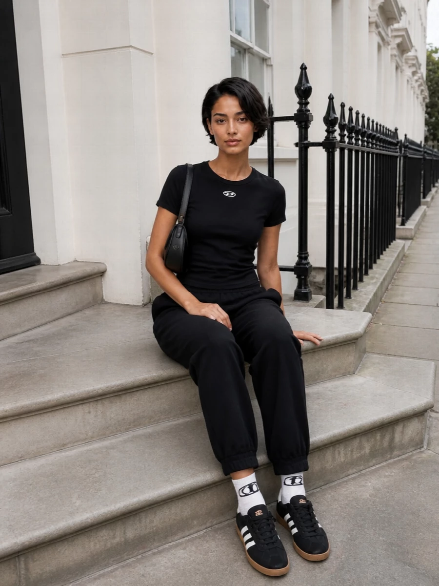 Diesel’s relaxed black lounge pants are grounded in a tight black logo tee for a clean, monochrome sport-street base. Black Adidas low-tops with gum soles and branded white socks keep the vibe athletic but low-key, while a sculpted black Diesel shoulder bag adds a sharp, Y2K-tinged finish. It is an easy city uniform that moves from sofa to street without losing edge or comfort.