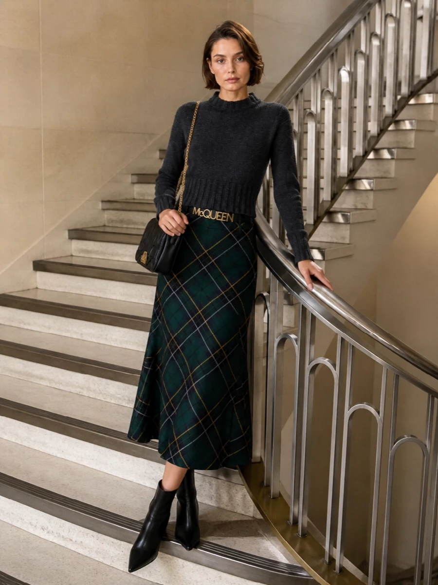 A cropped charcoal knit reins in the drama of the tartan midi, keeping the line clean through the torso while the skirt flares with just the right amount of movement. Sleek black ankle boots and a quilted chain bag sharpen the finish, and a slim logo belt quietly cinches the waist for a polished, modern take on heritage plaids. The result is city-ready tailoring that feels confident, considered, and easy from lunch meetings to late reservations.