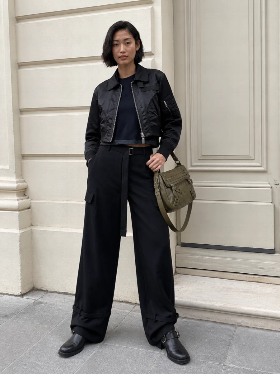 Sacai bomber wide leg cargo trousers biker boots