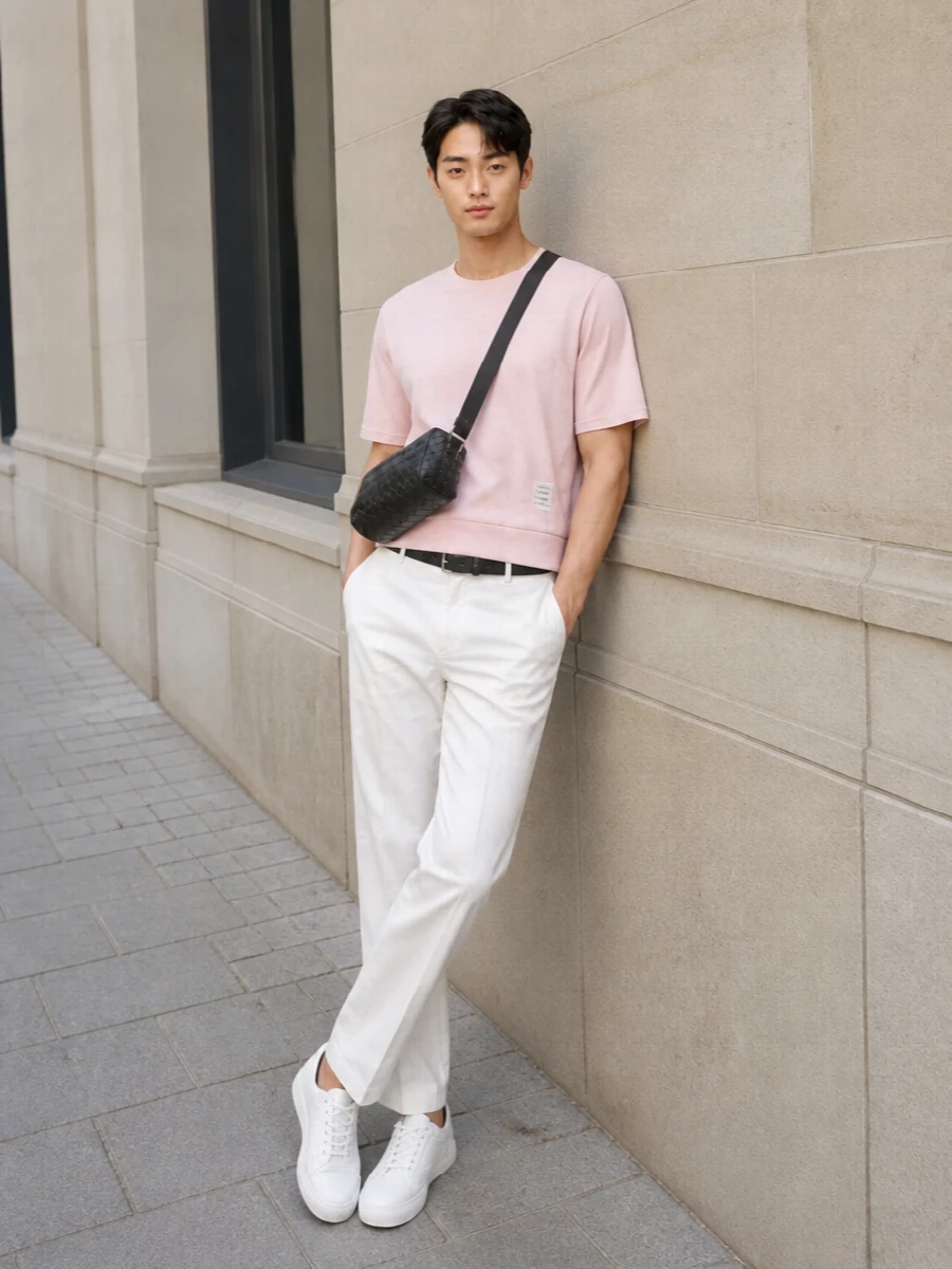 A washed pastel-pink Thom Browne tee is grounded by crisp off-white straight-leg trousers for a light, SS-ready take on relaxed tailoring. White low-top sneakers keep the line clean and preppy, while a black woven crossbody and discreet black belt introduce just enough contrast and texture to underline the quiet-luxury mood without crowding the softness of the palette.