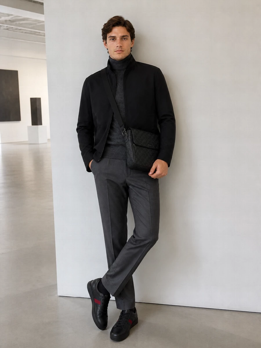 Gucci black jacket charcoal turtleneck trousers