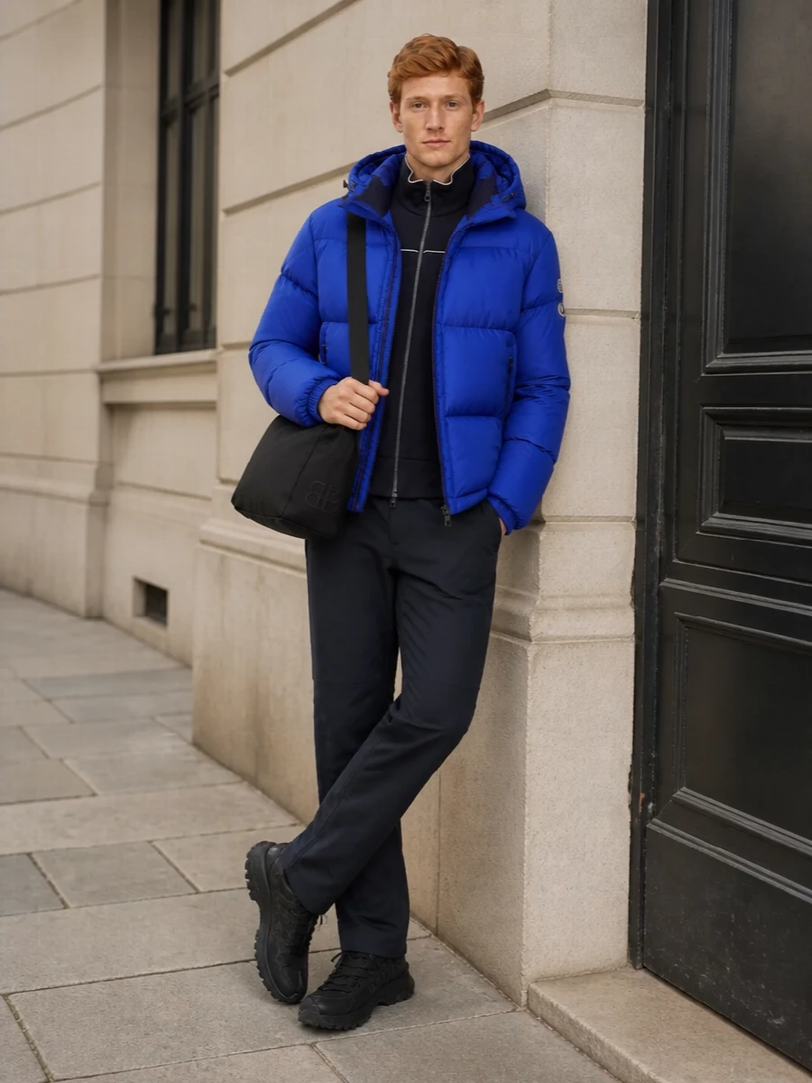 Moncler puffer jacket technical trousers outfit