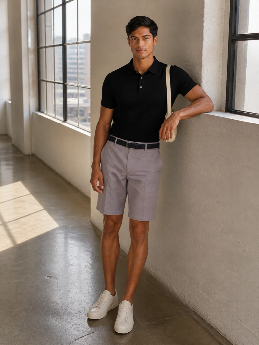Zanone black polo zegna taupe chino shorts outfit