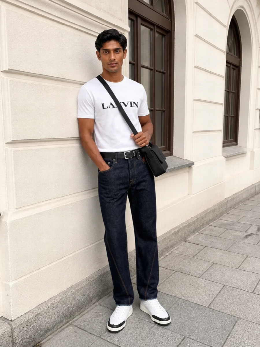 Lanvin’s white logo tee is sharpened with dark indigo straight-leg denim that feels considered rather than casual, keeping the lines clean and the palette tight. Graphic white and black Saint Laurent sneakers echo the tee’s monochrome contrast, while a matte black crossbody and slim belt finish everything with quiet, city-first polish. The result is a modern, gallery-ready uniform that reads refined but still firmly in the streetwear space.
