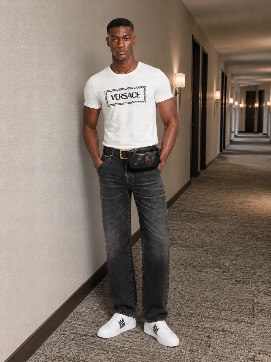 Versace white logo tee black jeans outfit