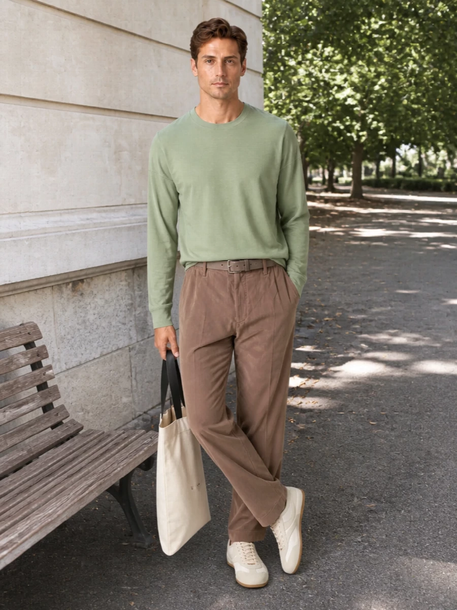 Sage and warm taupe sit together in a calm, tonal conversation, keeping the crew and straight-leg trouser relaxed but considered. Off-white runners and a clean canvas shopper keep everything light and modern, while a suede belt adds just enough structure for low-key days in the city or informal dinners. It is an easy, softly tailored uniform that feels precise without ever looking overworked.