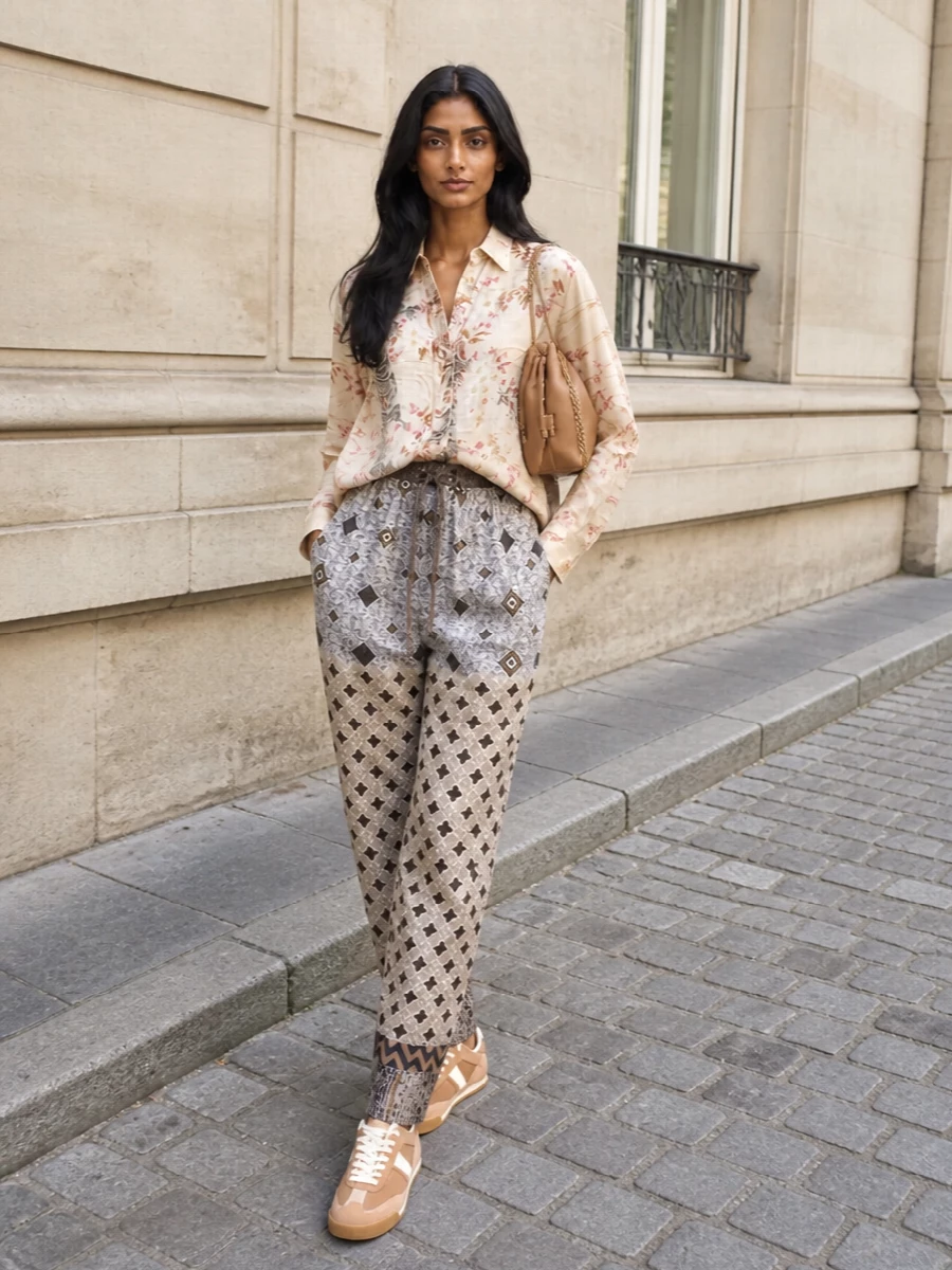 Pierre louise mascia print shirt track pants outfit