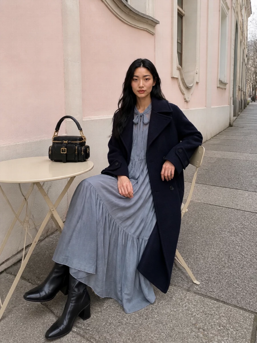 Chloe navy coat blue maxi dress boots