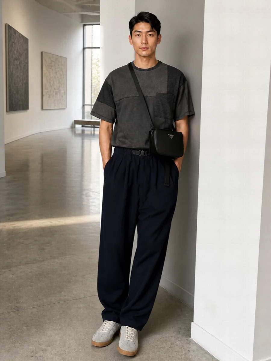 Comme des garcons grey tee wide navy trouser