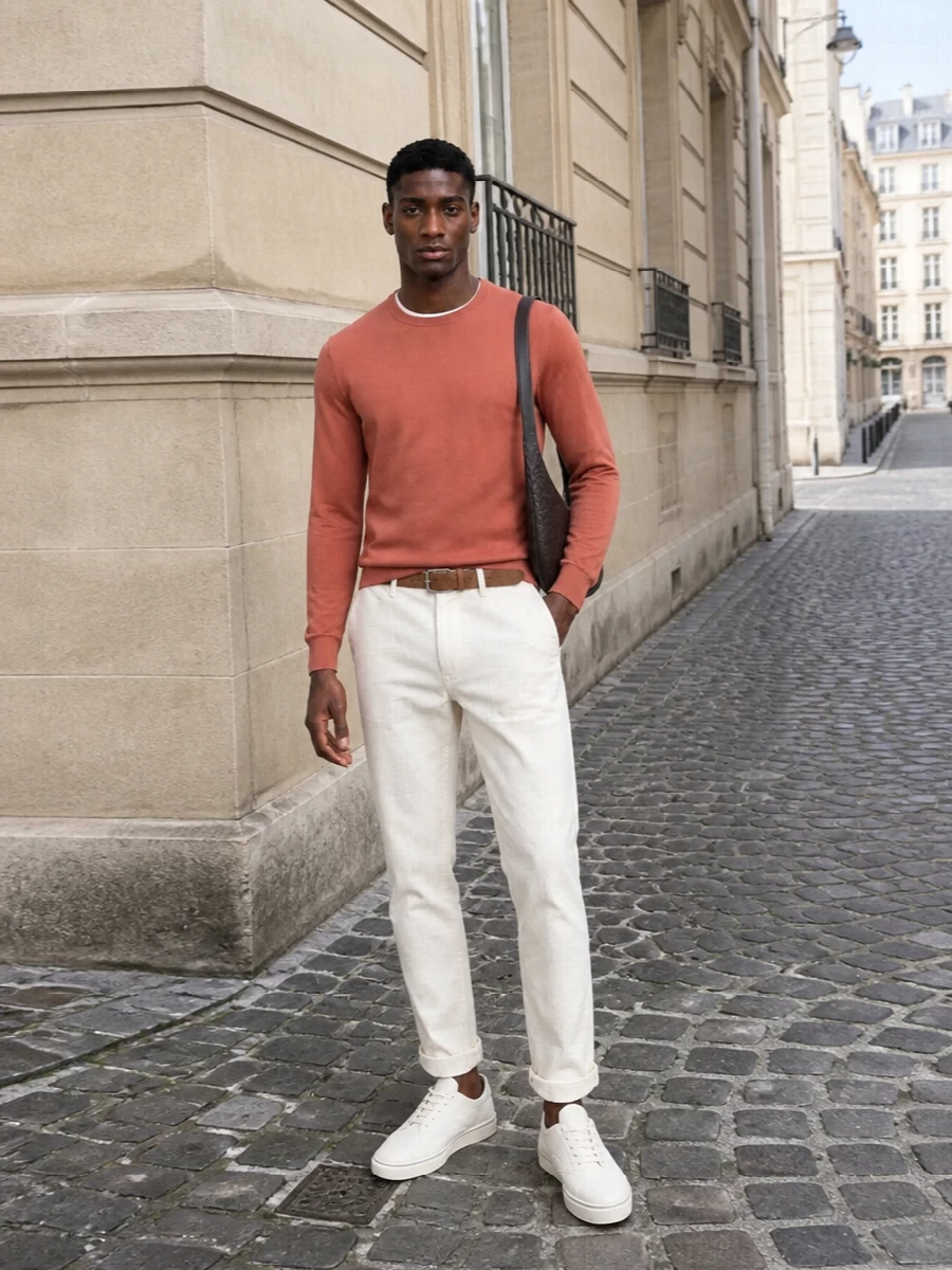 Brunello cucinelli terracotta sweater ivory trousers