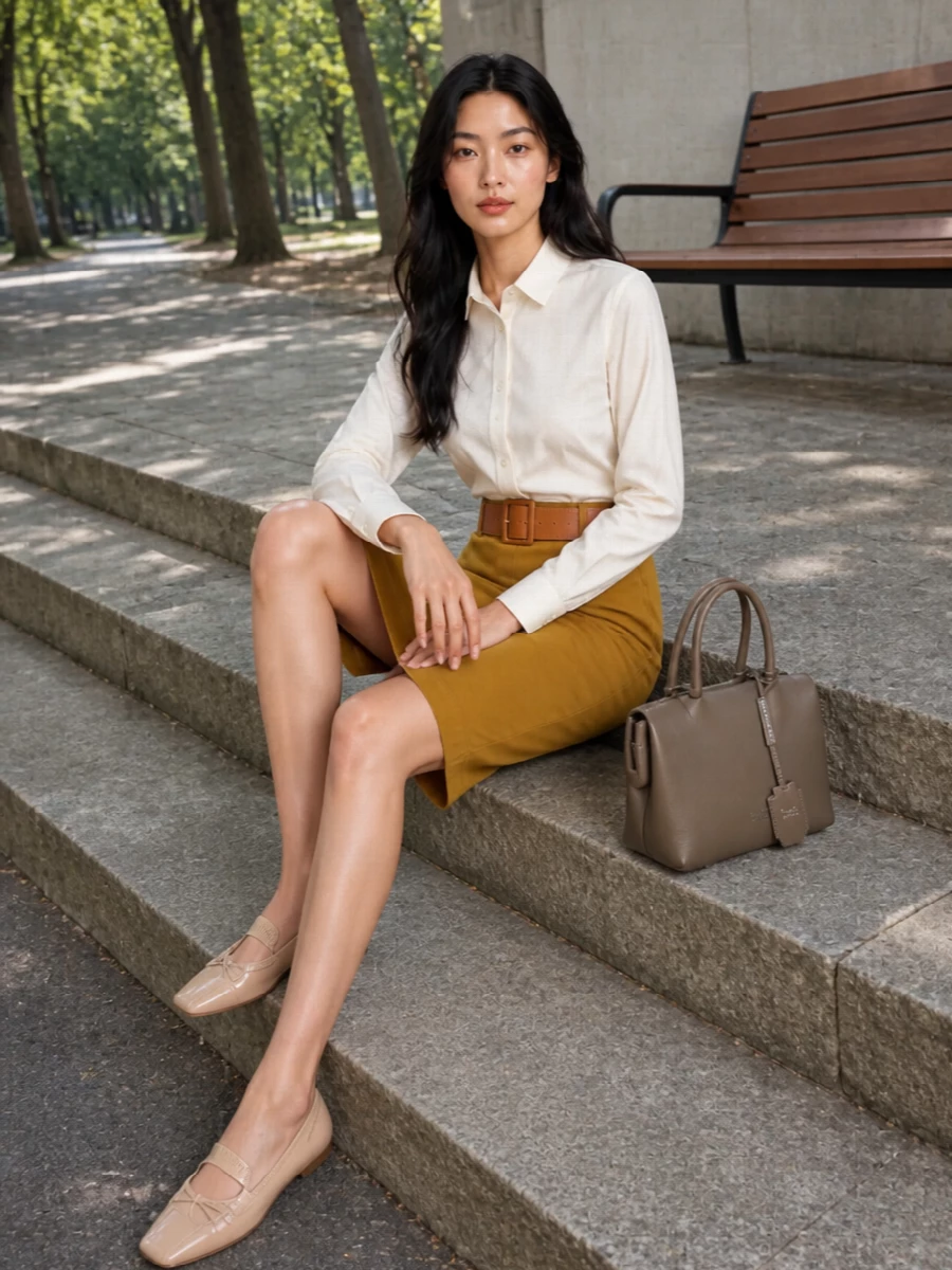 A mustard pencil skirt meets a crisp ivory shirt for a boardroom-ready take on color that still reads quietly refined. Nude square-toe flats and a structured taupe top-handle keep the palette soft and modern, while a wide tan belt sharpens the waist without disturbing the clean lines.