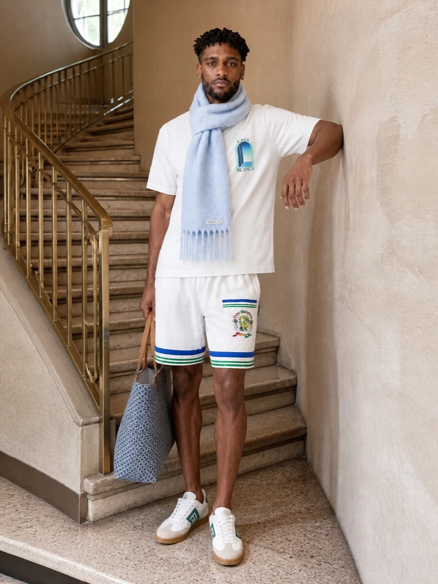 Casablanca’s graphic tee sits with off-white deck shorts for a fresh, country-club-meets-city mix in teal, green and cream. Balmain’s retro sneakers keep the colour story tight and relaxed, while Prada’s patterned tote and a whisper-light blue scarf bring just enough structure and texture to feel quietly considered without tipping into loud branding.
