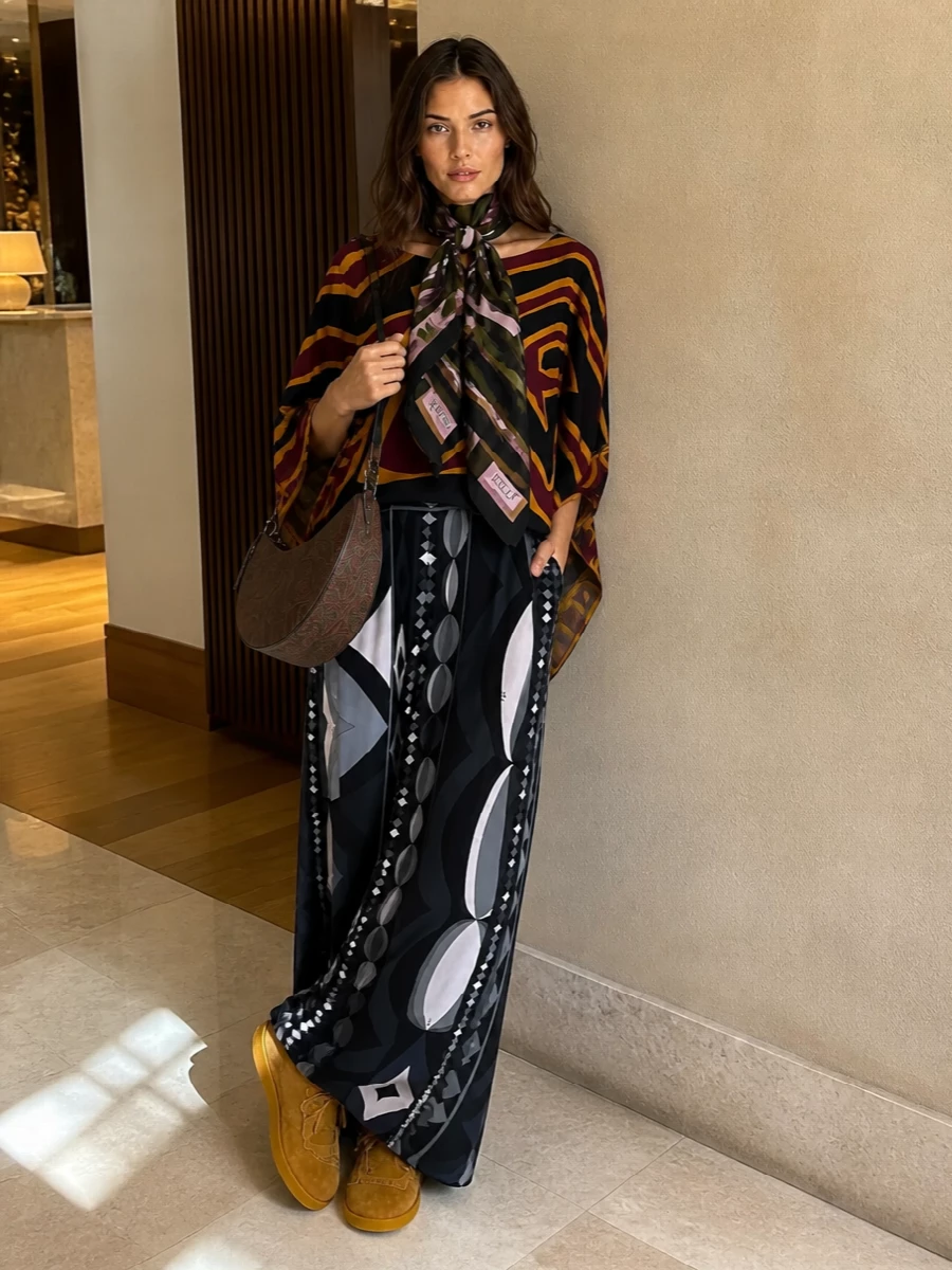 Pucci poncho top wide leg trousers outfit
