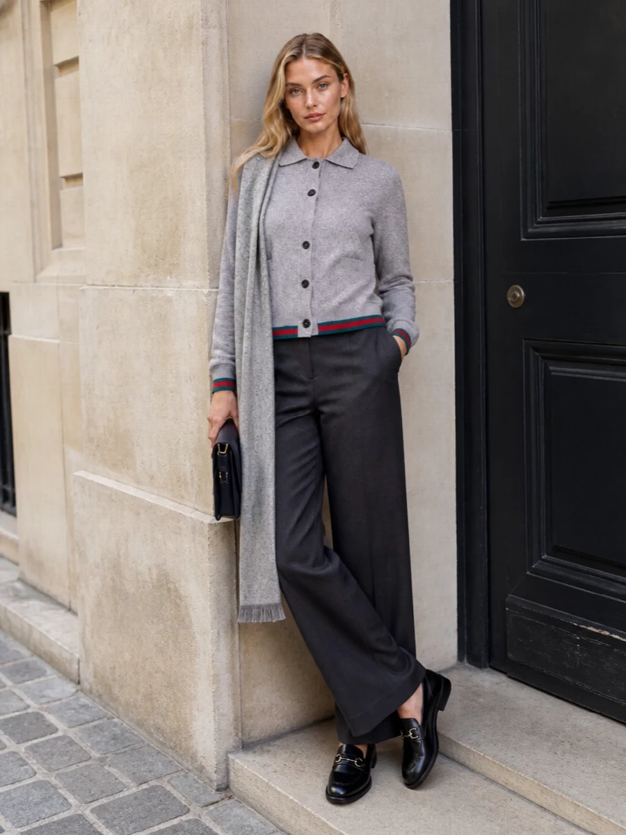 This look builds a quietly luxurious city uniform around the heathered Gucci cardigan, anchoring it with charcoal wide-leg tailoring for an elongated, relaxed-sophisticated line. Black horsebit loafers and a structured navy shoulder bag refine the silhouette while echoing the cardigan’s subtle house codes, and the tonal grey scarf adds soft FW layering without breaking the minimalist palette. It’s an elevated everyday outfit that feels polished yet effortless for work-to-weekend dressing.