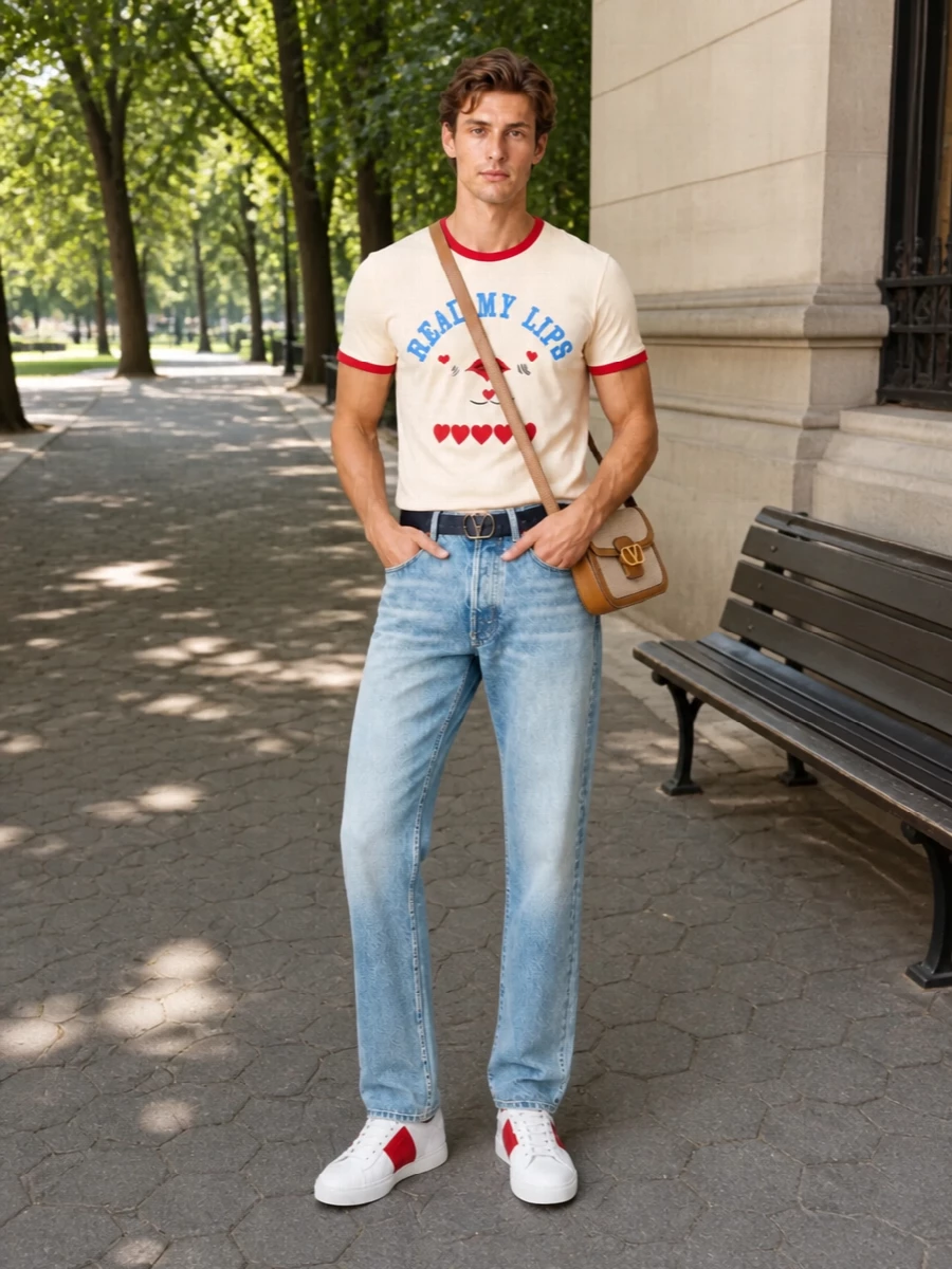 A graphic Valentino tee sits over light, straight-leg denim for a clean, summer-weight base that feels easy but intentional. White leather sneakers with a sharp red band pick up the tee’s lip print, while a structured canvas crossbody and slim belt quietly sharpen the finish. The result is relaxed, logo-driven streetwear with a precise, preppy edge rather than a gym vibe.