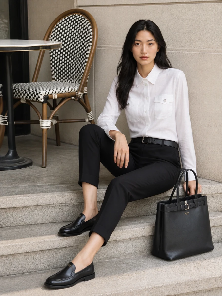 Prada tailored black trousers white shirt outfit
