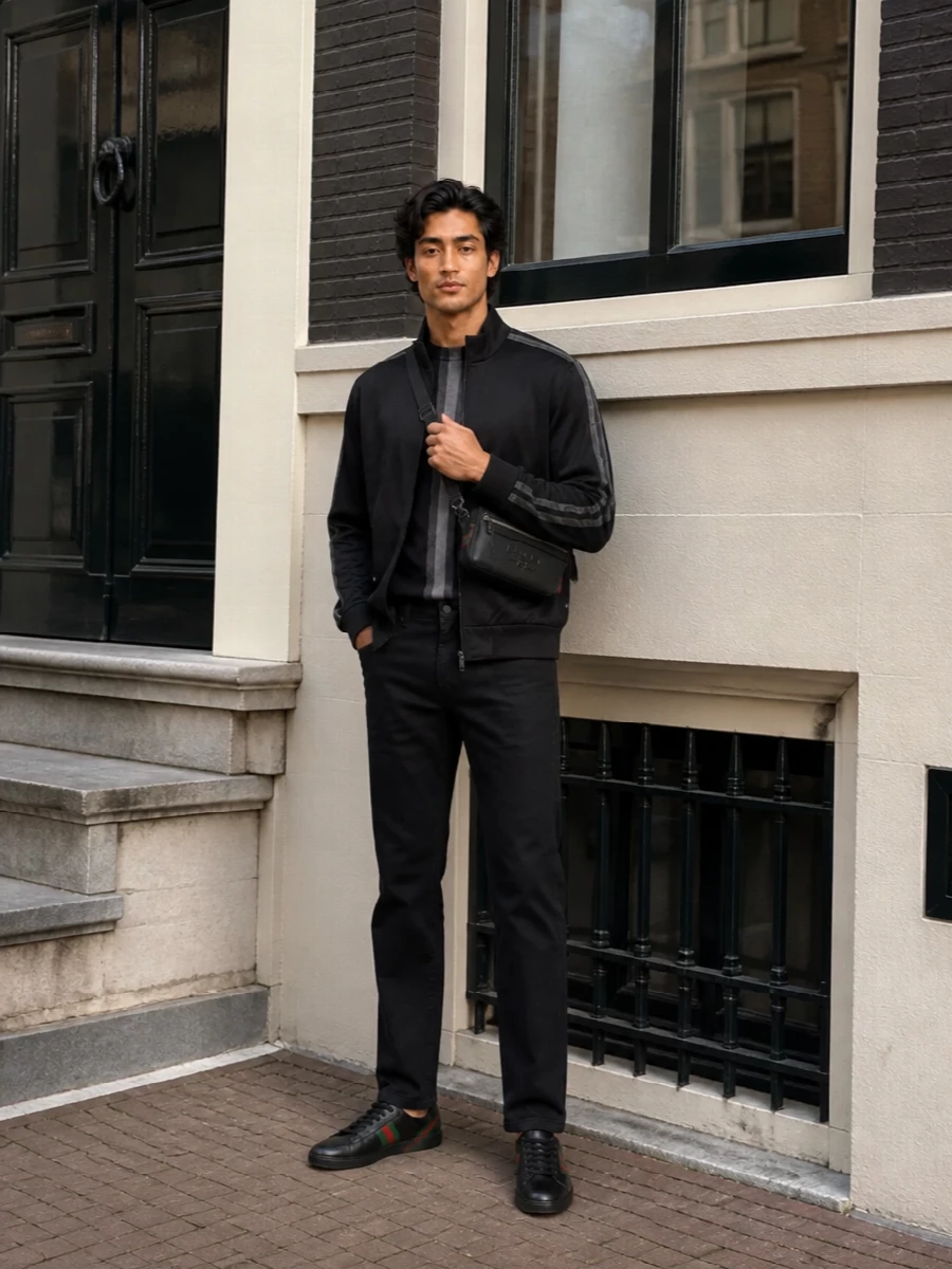Gucci black track bomber denim leather sneakers