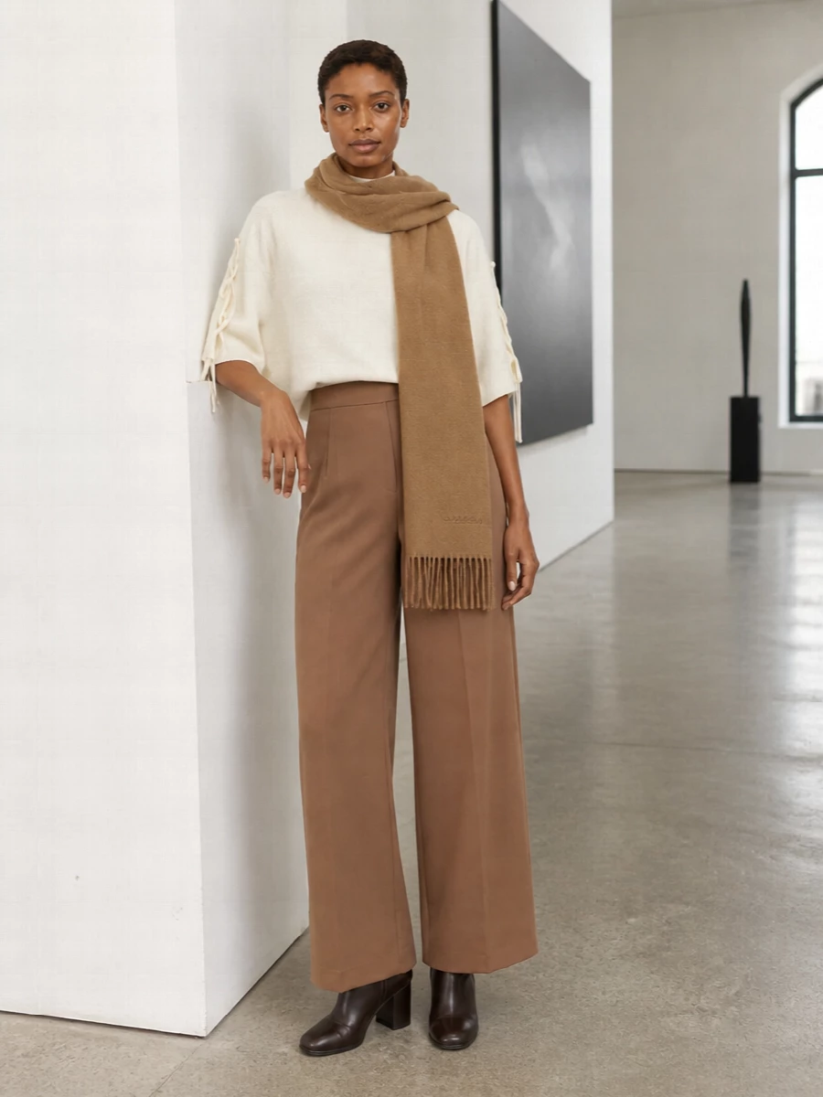 Max mara ivory knit camel wide leg trousers