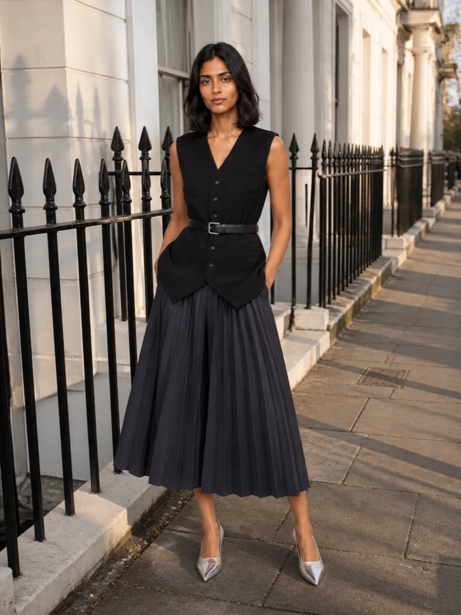 Charcoal pleats meet a long, black waistcoat for a sculptural take on tailored evening dressing, all clean lines and considered volume. Silver-tone pumps and a structured black satchel keep the mood precise and modern, with a slim belt subtly cinching the waist so the cropped wide leg reads intentional rather than severe.