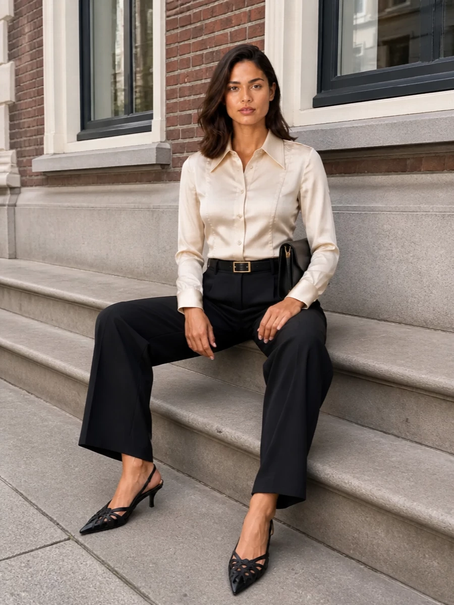 Balmain silk shirt black wide leg trousers outfit