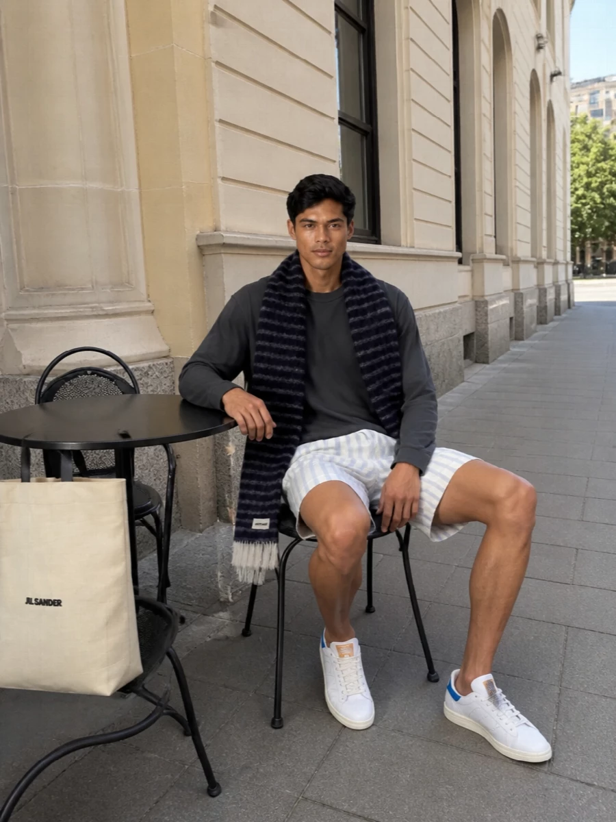 Tekla striped shorts charcoal tee white sneakers